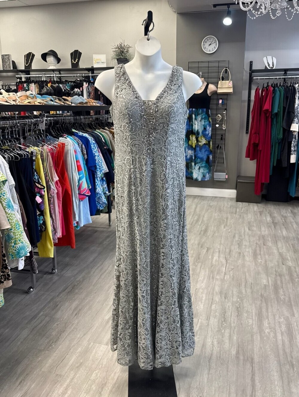 Silver SEQUINS Lace STRETCHY V-Neck FORMAL Maxi Dress